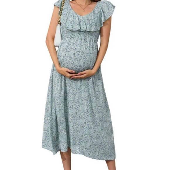 Maternity Boho Maxi Sundress - Light Green Floral Print - 2XL - Picture 1 of 11